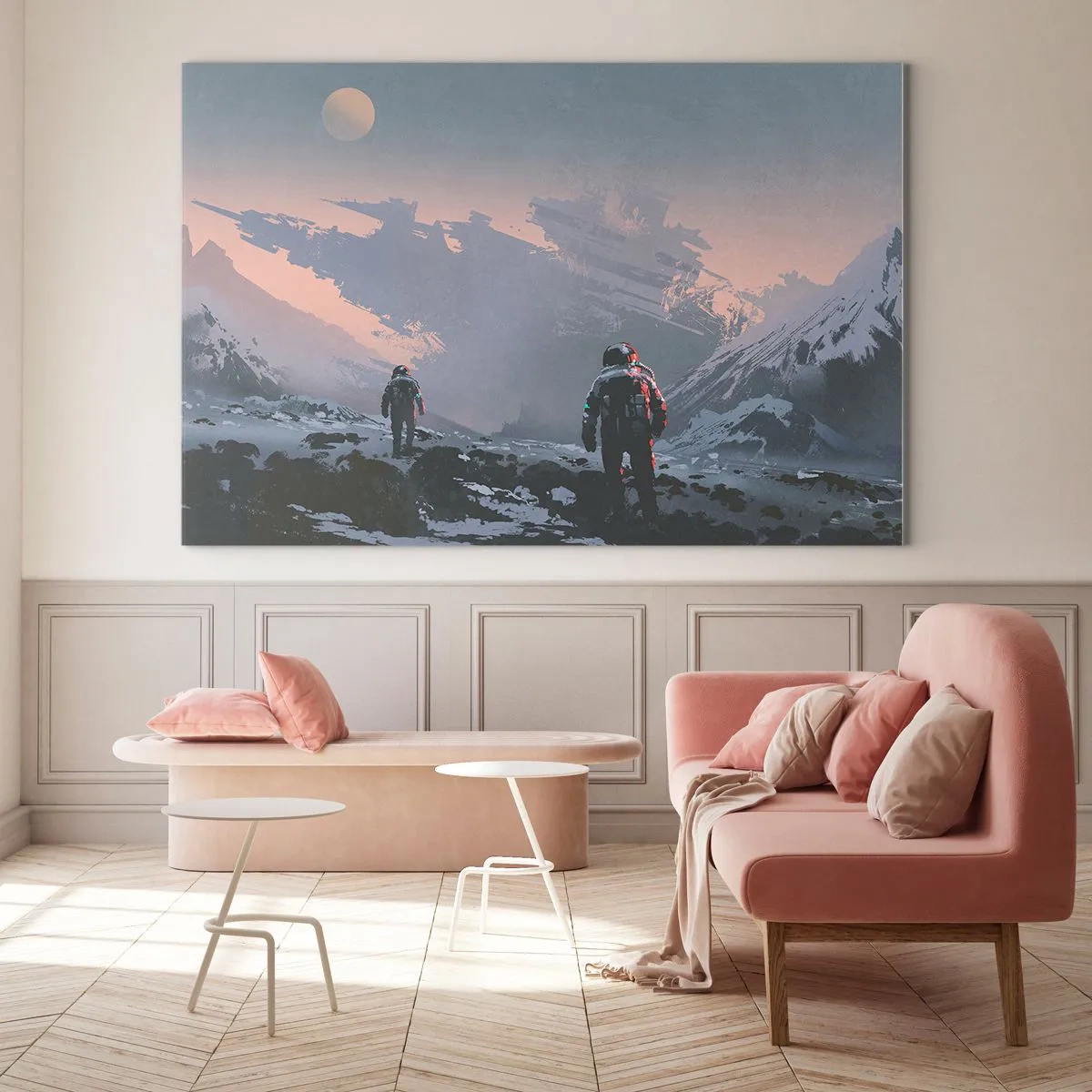 Quadro su vetro - Astronauti su un pianeta alieno con un relitto sullo sfondo - 100x70cm - Sotto una stella sconosciuta - Decorazione murale moderna per soggiorno e camera da letto ARTTOR
