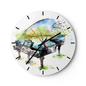 Orologio da parete - Orologio in Vetro - Un pianoforte con un paesaggio sullo sfondo, realizzato in stile acquerello - 30x30cm - Incantato nella musica - Decorazione murale moderna per soggiorno, cucina e camera da letto ARTTOR