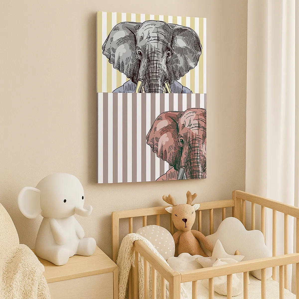 Quadro su tela - Stampe su Tela - Un elefante in abito su uno sfondo di strisce beige - 50x70cm - Elegante di natura - Decorazione murale moderna per soggiorno e camera da letto ARTTOR