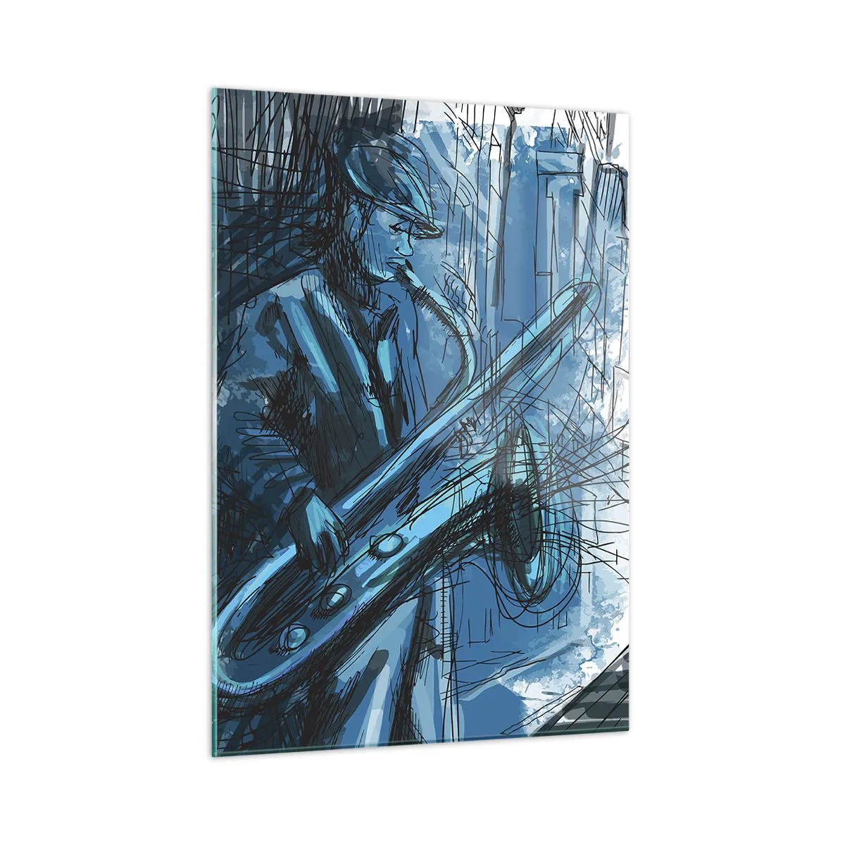 Quadro su vetro - Sassofonista jazz in un ambiente urbano dai toni blu - 50x70cm - Rapsodia urbana - Decorazione murale moderna per soggiorno e camera da letto ARTTOR
