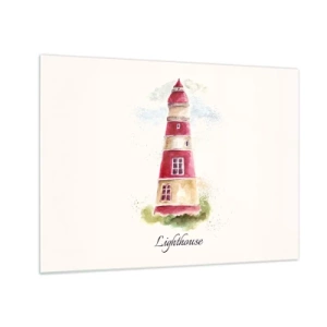 Quadro su vetro - Faro acquerello con la scritta Lighthouse - 70x50cm - Attorno è sempre bel tempo - Decorazione murale moderna per soggiorno e camera da letto ARTTOR
