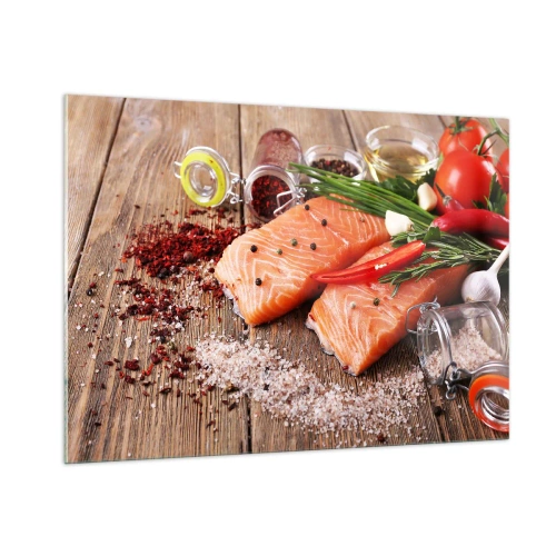 Quadro su vetro - Filetti di salmone con spezie su un piano di lavoro in legno - 100x70cm - Avventura norvegese in cucina - Decorazione murale moderna per soggiorno e camera da letto ARTTOR