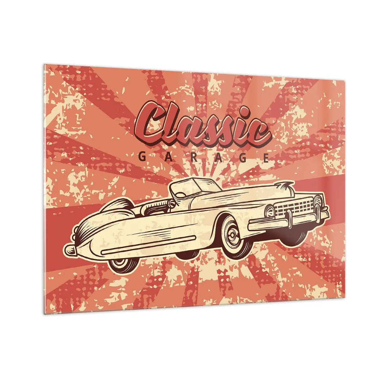 Quadro su vetro - Grafica retrò di un'auto d'epoca su uno sfondo di raggi - 100x70cm - E alla radio Elvis - Decorazione murale moderna per soggiorno e camera da letto ARTTOR