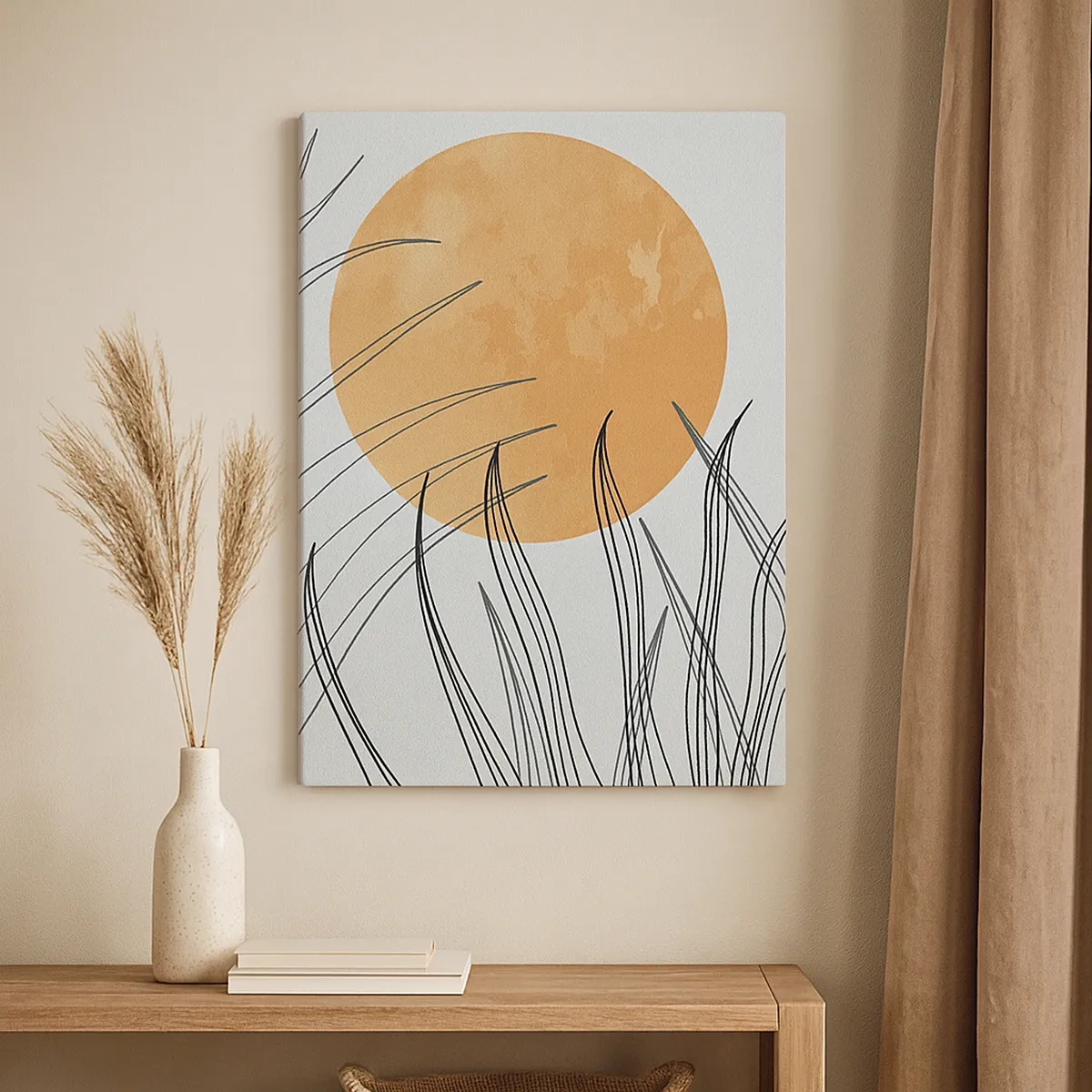 Quadro su tela - Stampe su Tela - Fili d'erba astratti sullo sfondo di un grande sole arancione - 50x70cm - Sempre verso il sole - Decorazione murale moderna per soggiorno e camera da letto ARTTOR