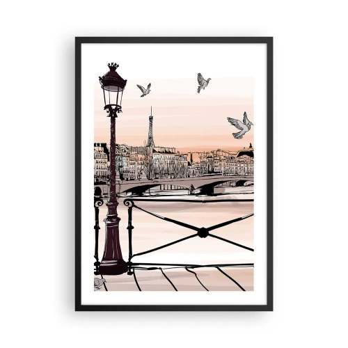 Poster in cornice nera - Illustrazione di Parigi al tramonto con una lanterna e un ponte - 50x70cm - Sui tetti di Parigi - Decorazione murale moderna per soggiorno e camera da letto ARTTOR