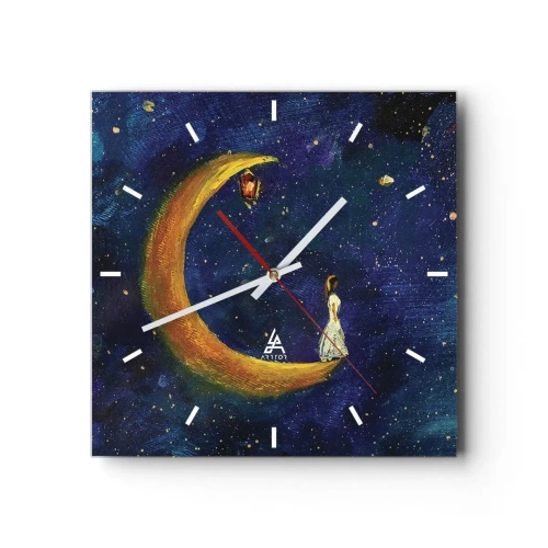 Orologio da parete - Orologio in Vetro - Una ragazza in piedi sulla luna in un cielo stellato - 30x30cm - Il richiamo del mondo - Decorazione murale moderna per soggiorno e camera da letto ARTTOR