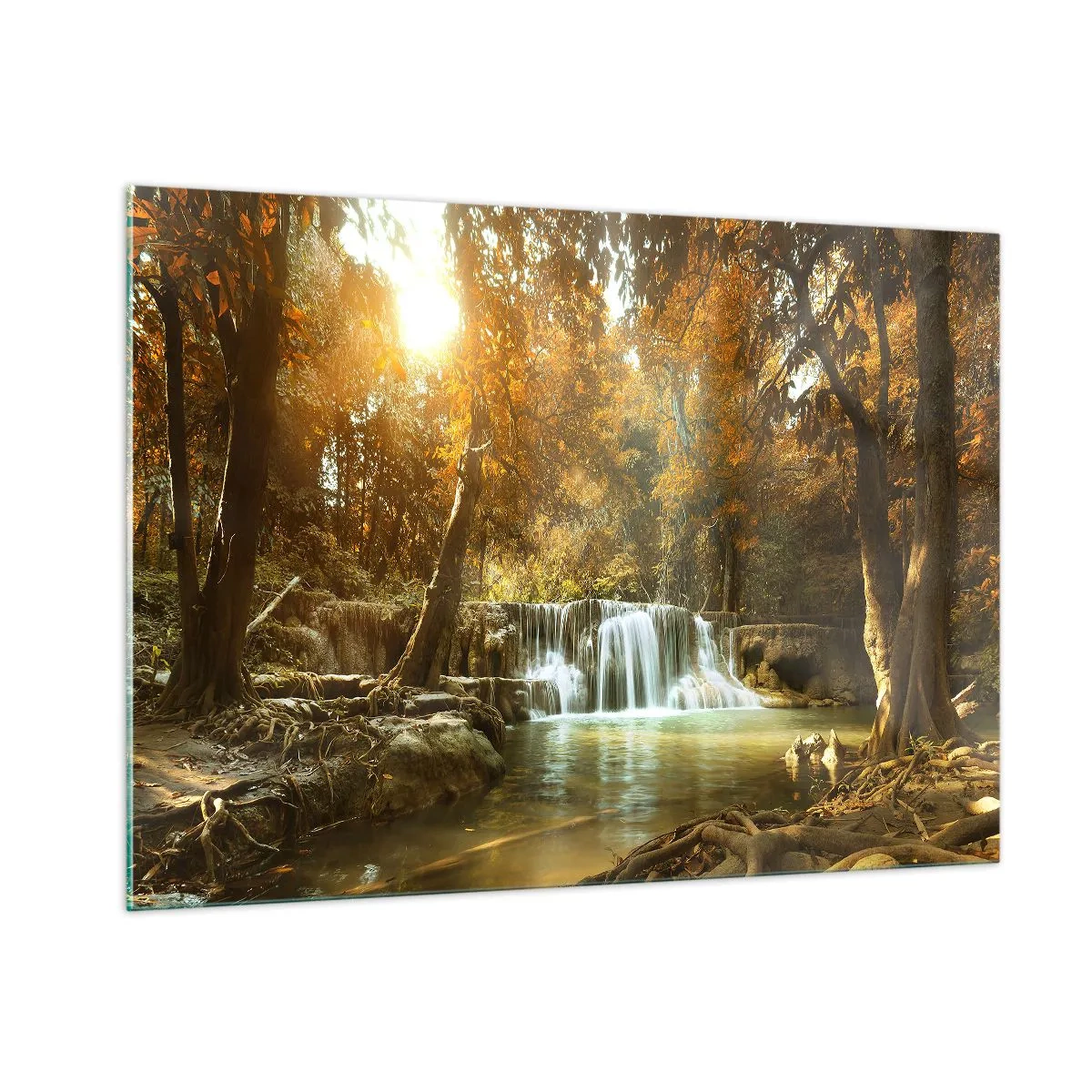 Quadro su vetro - Una cascata in un parco circondata da alberi nei colori autunnali - 100x70cm - Cascata nel parco - Decorazione murale moderna per soggiorno e camera da letto ARTTOR
