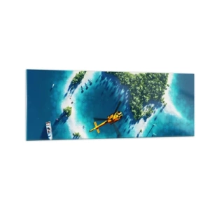 Quadro su vetro - Un'isola tropicale circondata da acque turchesi con un elicottero in vista - 140x50cm - Comprati un'isola - Decorazione murale moderna per soggiorno e camera da letto ARTTOR