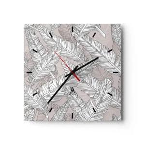Orologio da parete - Orologio in Vetro - Motivo in bianco e nero con foglie di banano su sfondo chiaro - 30x30cm - Vortice di piume - Decorazione murale moderna per soggiorno e camera da letto ARTTOR