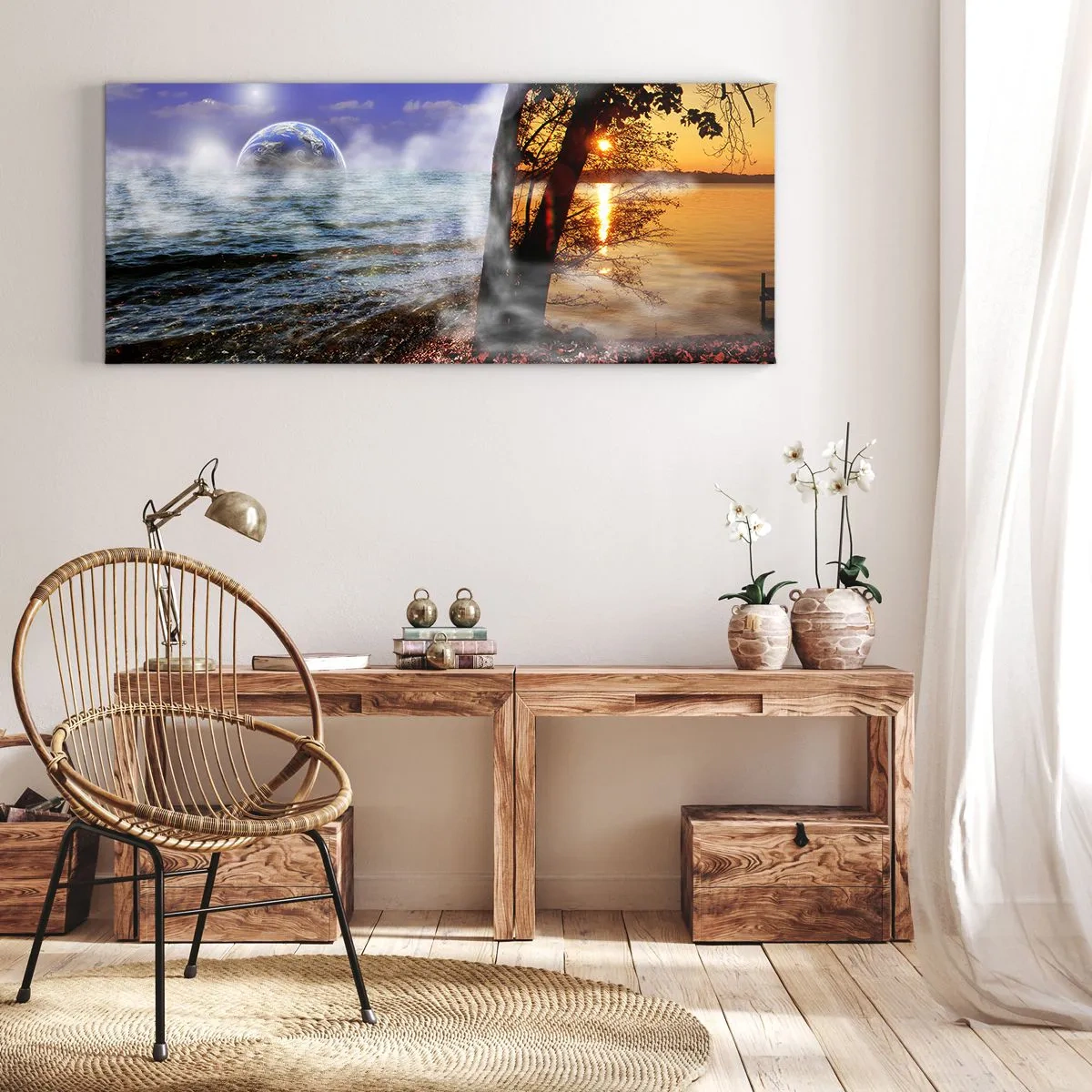 Quadro su tela - Stampe su Tela - Paesaggio fantastico con mare, alberi e tramonto. - 160x50cm - Paesaggio surreale: unità della natura - Decorazione murale moderna per soggiorno e camera da letto ARTTOR
