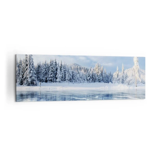 Quadro su tela - Stampe su Tela - Un lago ghiacciato circondato da una foresta innevata - 160x50cm - Vista lucente e cristallina - Decorazione murale moderna per soggiorno e camera da letto ARTTOR