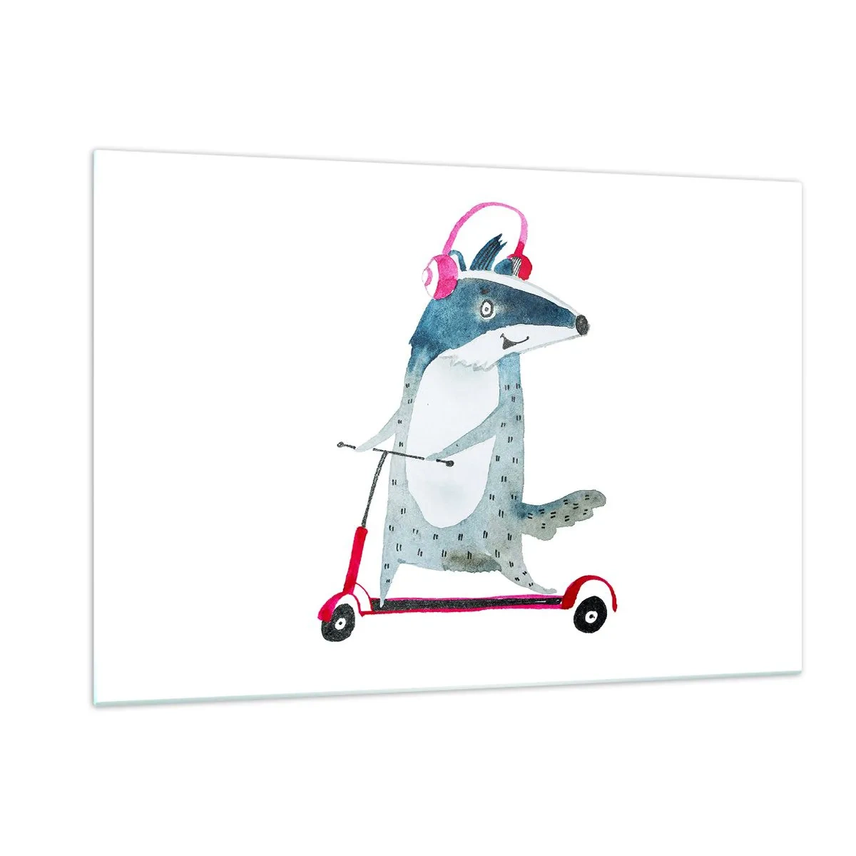 Quadro su vetro - Tasso con le cuffie su uno scooter per acquerelli - 120x80cm - Tassi di gioia - Decorazione murale moderna per soggiorno e camera da letto ARTTOR
