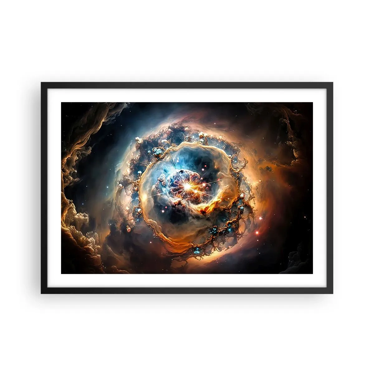 Poster in cornice nera - Una visione astratta di un'esplosione cosmica nei toni dell'oro e del blu. - 70x50cm - L'inizio - Decorazione murale moderna per soggiorno e camera da letto ARTTOR