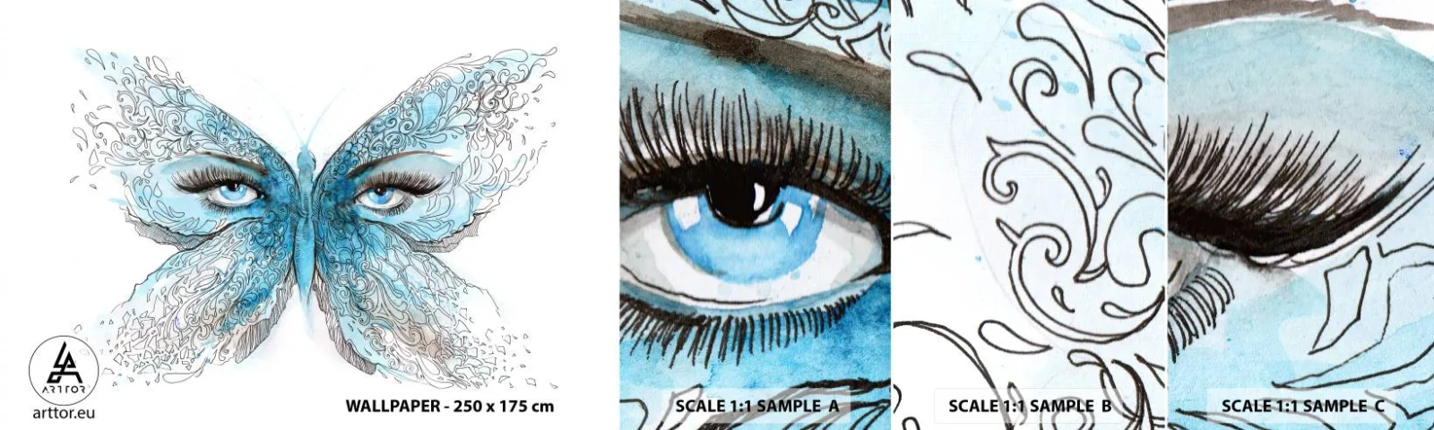 Campione Di Fotomurale Standard Eco - Argo azzurro - Astrazione, Farfalla, Occhi femminili - 100x30 cm