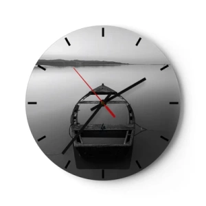 Orologio da parete - Orologio in Vetro - Una barca solitaria su un lago calmo in bianco e nero. - 30x30cm - Nostalgia e malinconia - Decorazione murale moderna per soggiorno, cucina e camera da letto ARTTOR