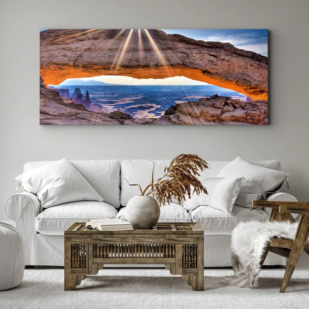 Quadro su tela - Stampe su Tela - Arco di roccia che domina il canyon all'alba - 160x50cm - Attraverso il portale di roccia - Decorazione murale moderna per soggiorno e camera da letto ARTTOR