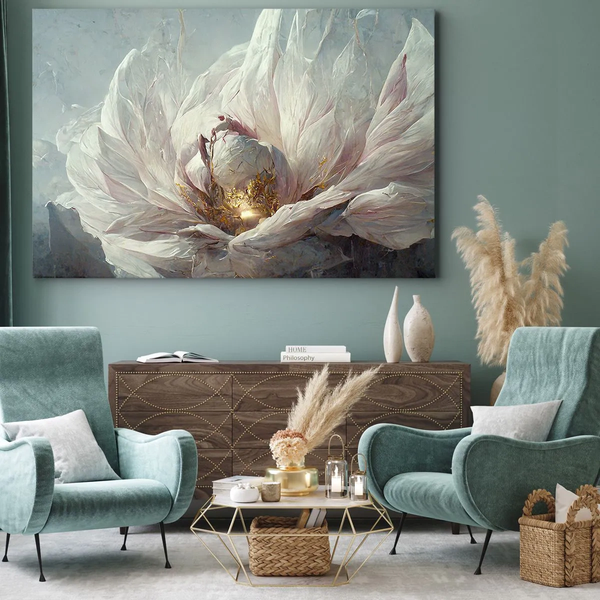 Quadro su tela - Stampe su Tela - Un delicato fiore bianco con sottili accenti dorati - 70x50cm - Fiorisce ogni cento anni - Decorazione murale moderna per soggiorno e camera da letto ARTTOR