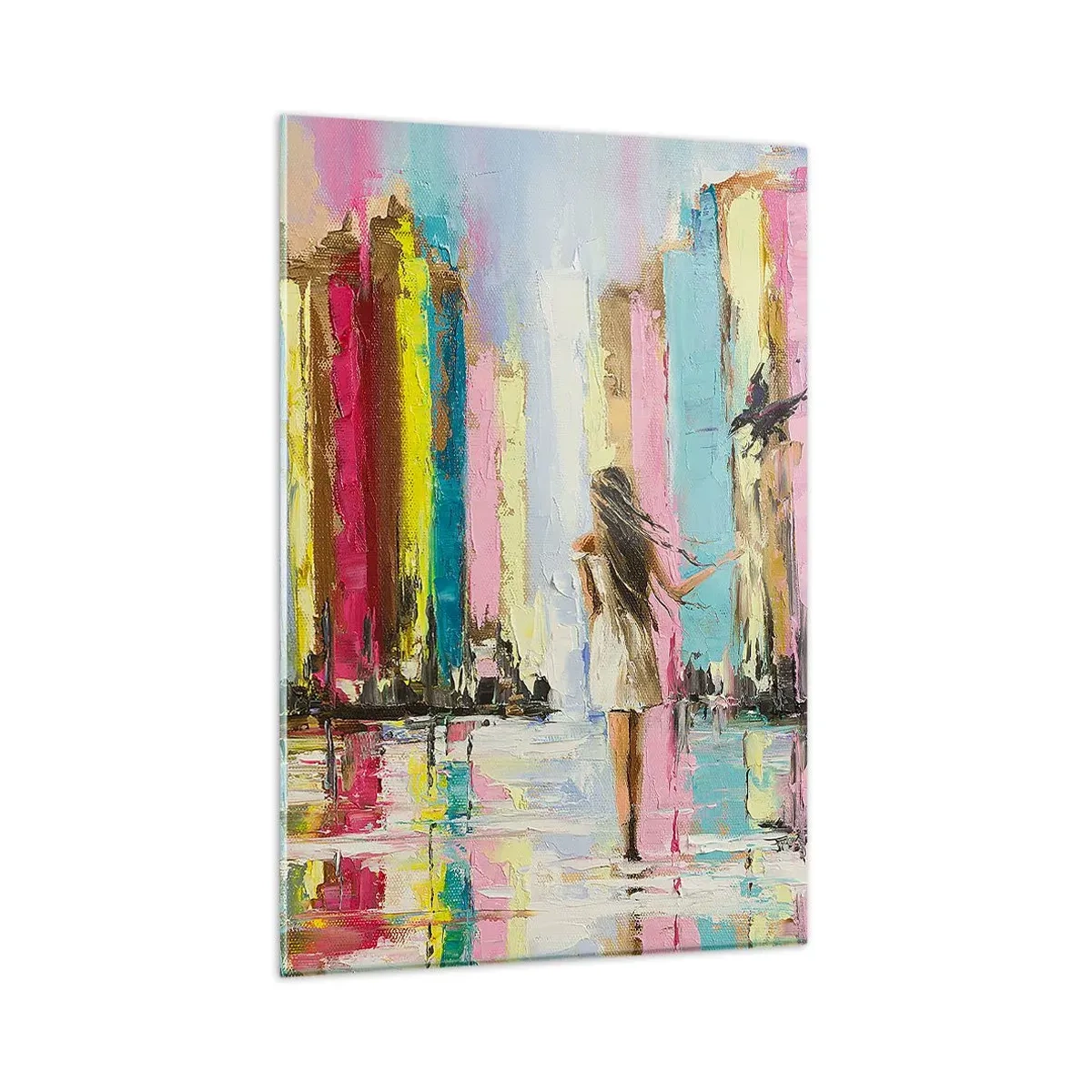Quadro su vetro - Una città colorata e una donna in abito bianco con un uccello - 80x120cm - Seguimi - Decorazione murale moderna per soggiorno e camera da letto ARTTOR