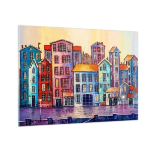 Quadro su vetro - Case popolari colorate riflesse nell'acqua - 70x50cm - Una città da favola - Decorazione murale moderna per soggiorno e camera da letto ARTTOR