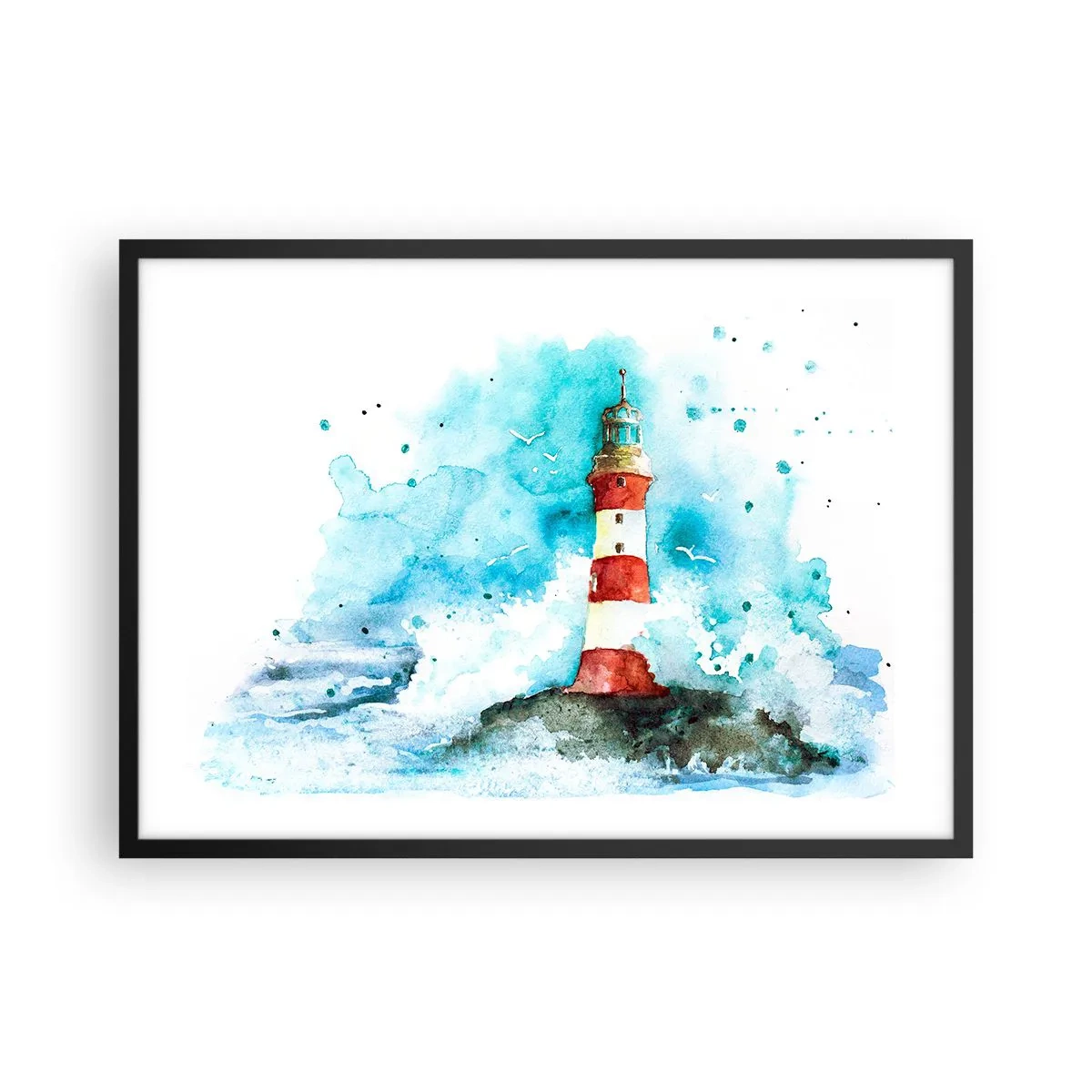 Poster in cornice nera - Un faro in un ambiente acquerello con uno sfondo blu - 70x50cm - L'unità dei quattro elementi - Decorazione murale moderna per soggiorno e camera da letto ARTTOR