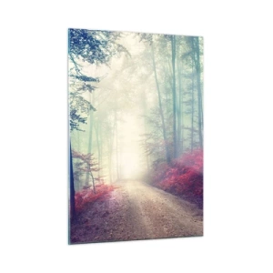Quadro su vetro - Strada forestale nella nebbia con accenti rossi - 50x70cm - Come è bello alzarsi all'alba - Decorazione murale moderna per soggiorno e camera da letto ARTTOR