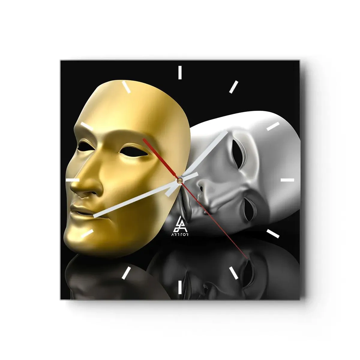 Orologio da parete - Orologio in Vetro - Maschera in oro e argento su sfondo nero - 30x30cm - La vita è teatro - Decorazione murale moderna per soggiorno e camera da letto ARTTOR