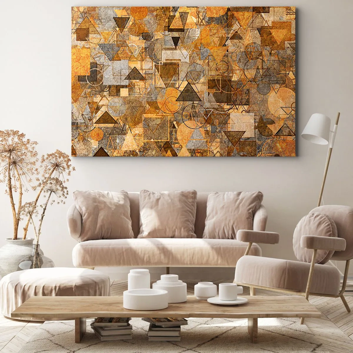 Quadro su tela - Stampe su Tela - Motivi geometrici astratti nelle tonalità dell'oro - 100x70cm - Il mondo compreso nella forma - Decorazione murale moderna per soggiorno e camera da letto ARTTOR
