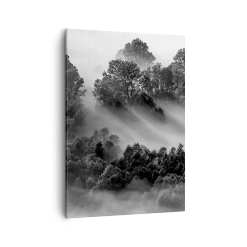 Quadro su tela - Stampe su Tela - Paesaggio forestale in bianco e nero nella nebbia mattutina - 50x70cm - Risveglio dal sonno - Decorazione murale moderna per soggiorno e camera da letto ARTTOR