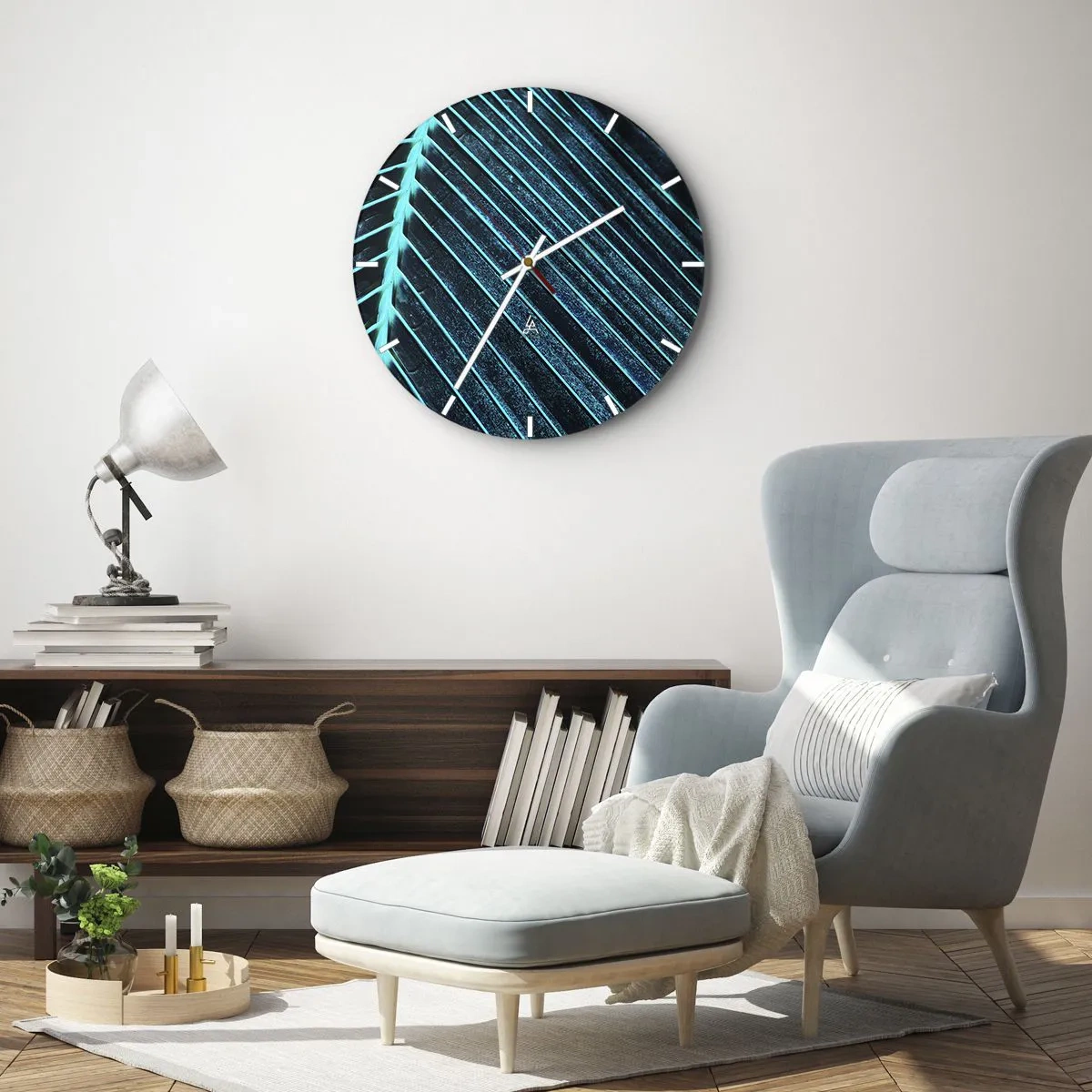 Orologio da parete - Orologio in Vetro - Primo piano di una foglia di palma nelle tonalità del verde e del turchese. - 30x30cm - La struttura del verde - Decorazione murale moderna per soggiorno, cucina e camera da letto ARTTOR