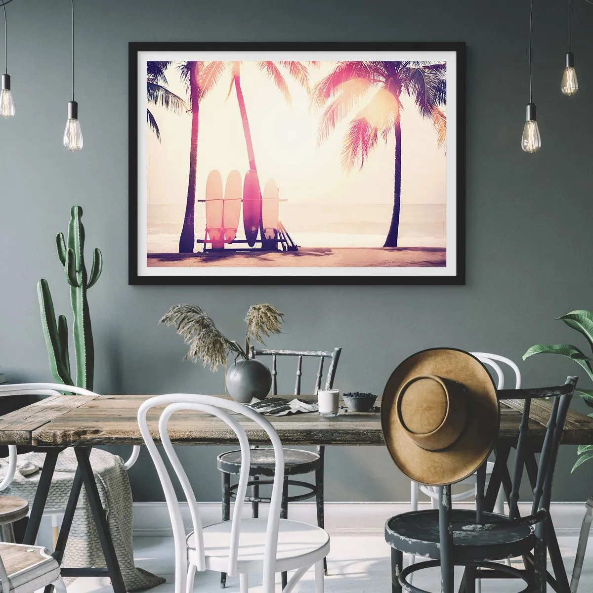 Poster in cornice nera - Palme e tavole da surf sulla spiaggia sotto il sole - 100x70cm - Sarà un giorno fantastico - Decorazione murale moderna per soggiorno e camera da letto ARTTOR