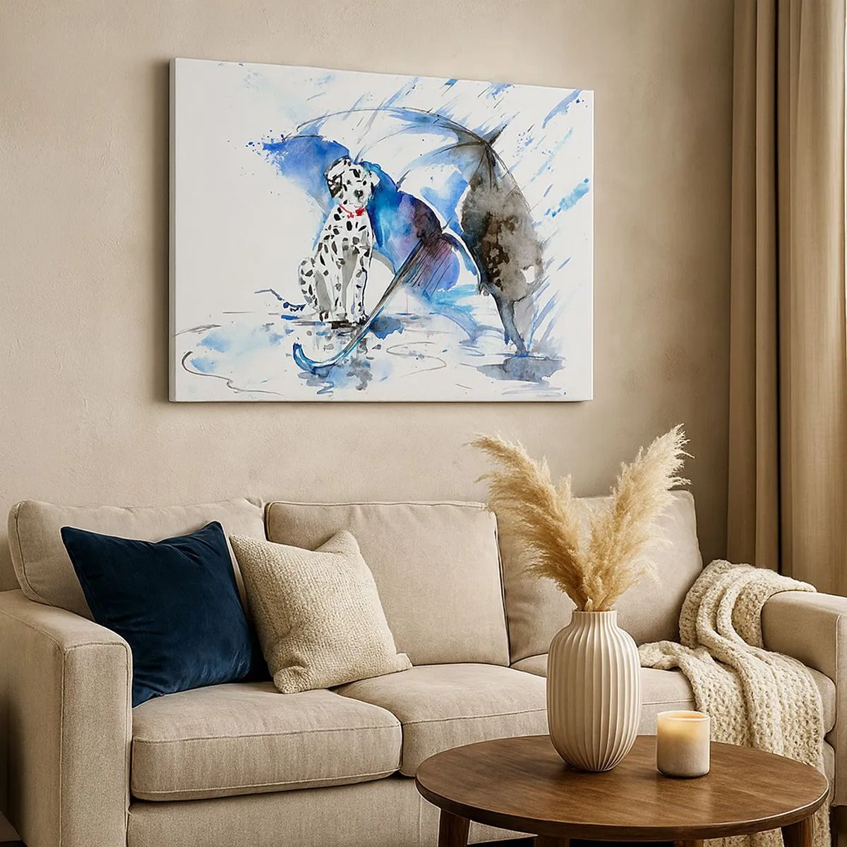 Quadro su tela - Stampe su Tela - Dipinto ad acquerello di un cane dalmata con un ombrello sullo sfondo - 70x50cm - Ecco a cosa serve un amico - Decorazione murale moderna per soggiorno e camera da letto ARTTOR