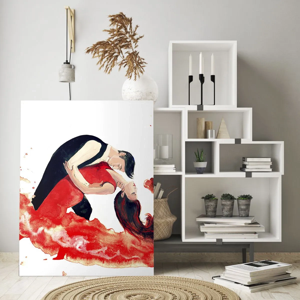 Quadro su vetro - Un dinamico dipinto ad acquerello raffigurante una coppia che balla nei toni del rosso. - 80x120cm - Tango: un'onda di passione - Decorazione murale moderna per soggiorno e camera da letto ARTTOR