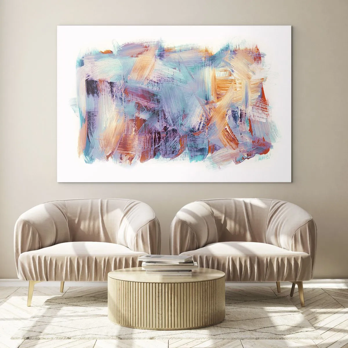 Quadro su vetro - Pennellate colorate in astrazione pastello - 100x70cm - Caos colorato - Decorazione murale moderna per soggiorno e camera da letto ARTTOR