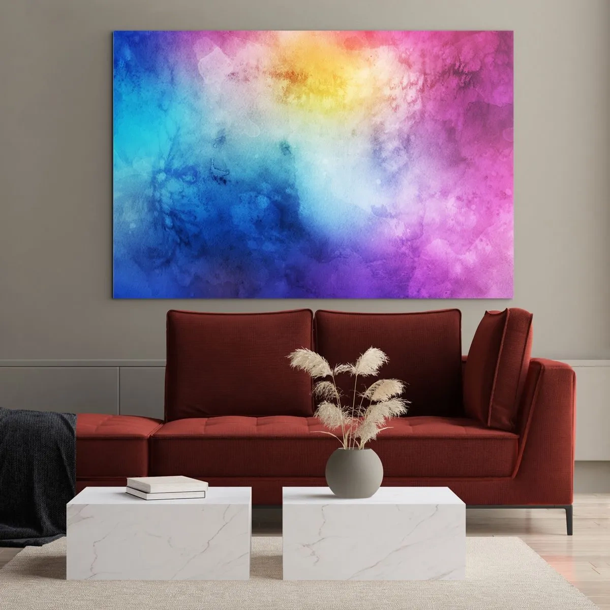 Quadro su vetro - Composizione astratta nei colori dell'arcobaleno con effetto acquerello - 100x70cm - Quasi al settimo cielo - Decorazione murale moderna per soggiorno e camera da letto ARTTOR