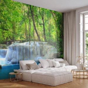 Fotomurali Premium Sand - Annegare nel turchese e nel verde - Paesaggio, Cascata, Cascata - 400x280 cm