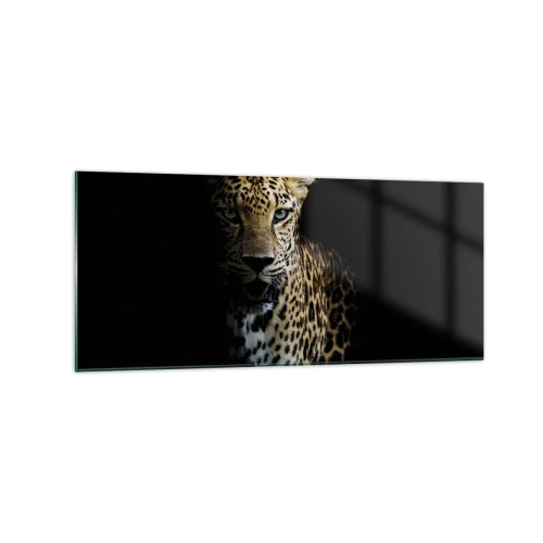 Quadro su vetro - Un leopardo su sfondo scuro con sguardo intenso - 120x50cm - Bellezza tenebrosa - Decorazione murale moderna per soggiorno e camera da letto ARTTOR