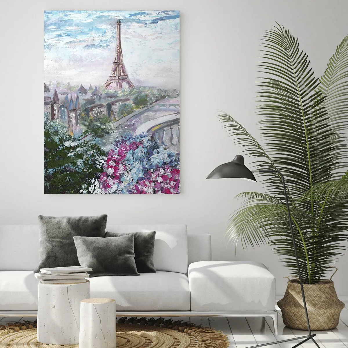 Quadro su vetro - Una vista romantica di Parigi con la Torre Eiffel e un balcone pieno di fiori - 70x100cm - Bellissimo qui a maggio - Decorazione murale moderna per soggiorno e camera da letto ARTTOR