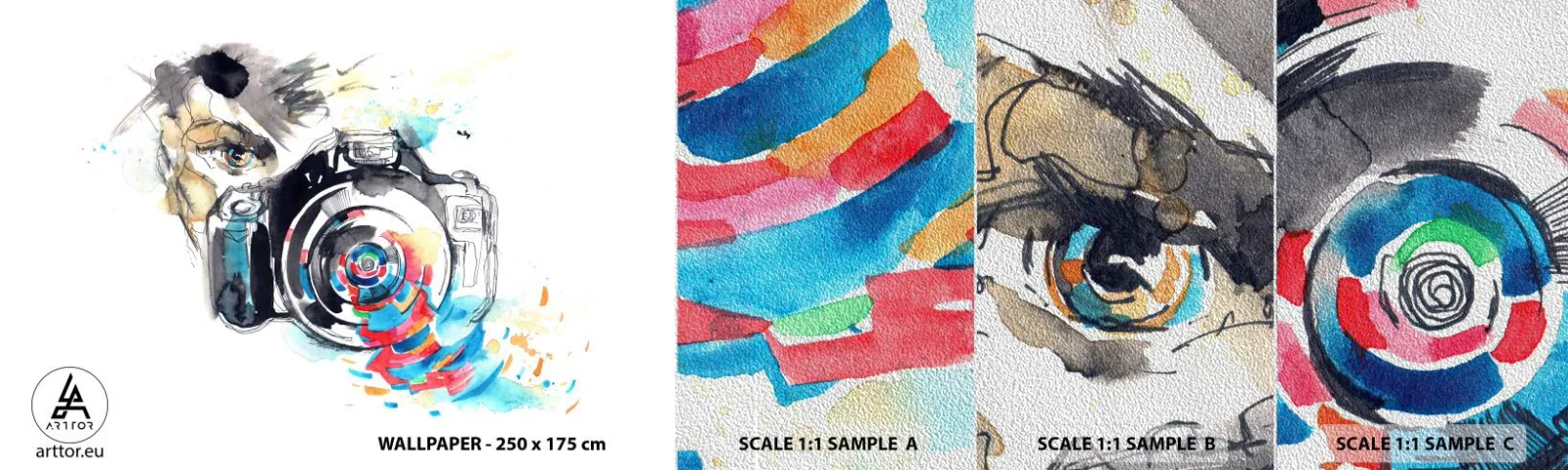 Campione di Fotomurale Premium Sand - Nell'occhio dell'obiettivo - Astrazione, Telecamera, Fotografo - 100x30 cm