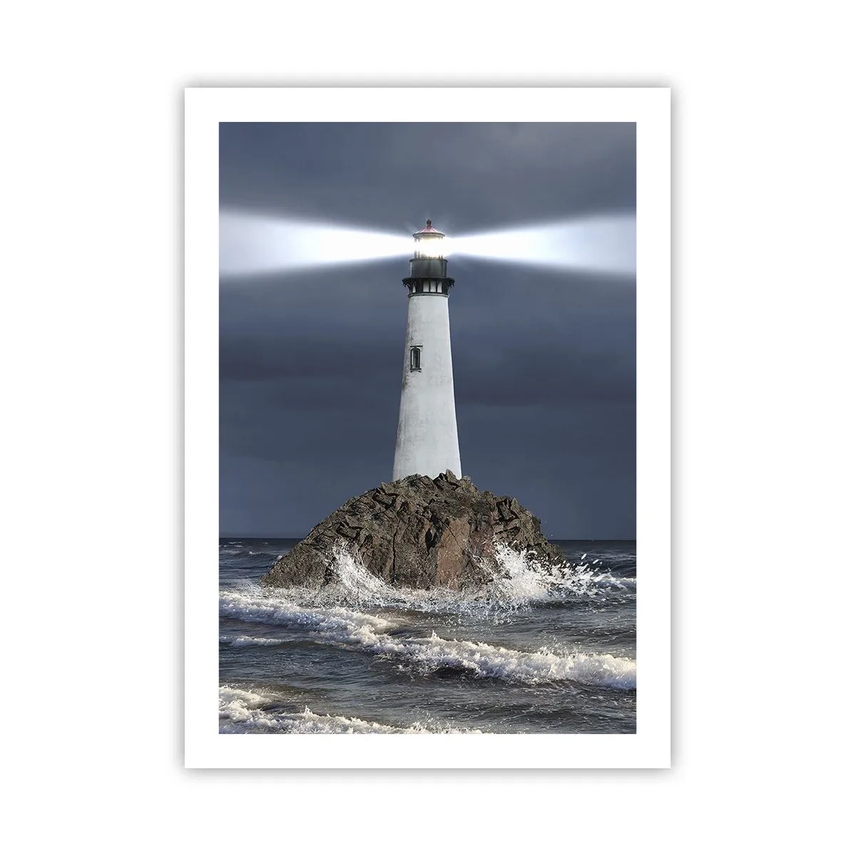 Poster - Un faro su una roccia in mezzo alle onde agitate - 50x70cm - Qui...qui... qui! - Decorazione murale moderna per soggiorno e camera da letto ARTTOR
