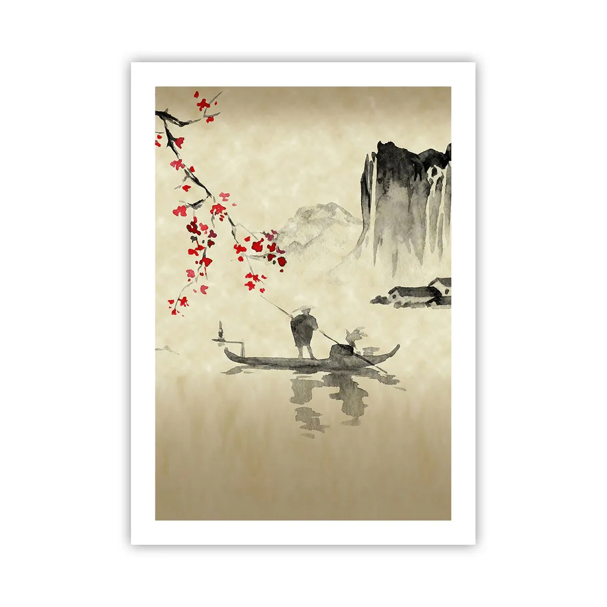 Poster - Scena orientale con pescatori su una barca - 50x70cm - Nel paese dei ciliegi in fiore - Decorazione murale moderna per soggiorno e camera da letto ARTTOR