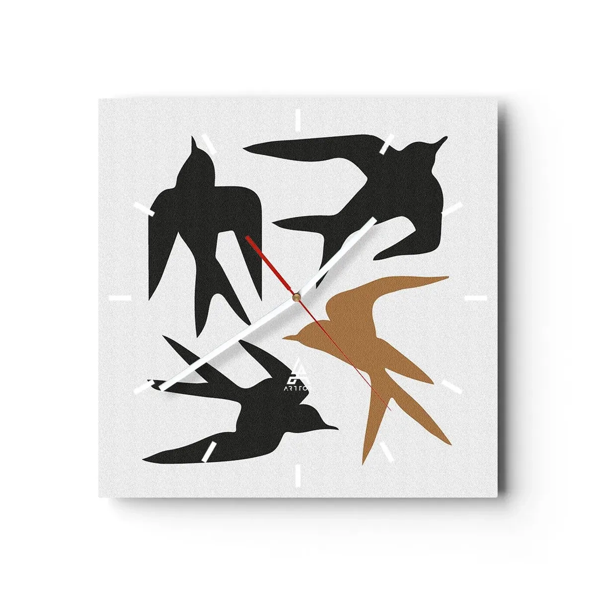 Orologio da parete - Orologio in Vetro - Silhouette di rondini in nero e oro - 30x30cm - Giochi di rondini - Decorazione murale moderna per soggiorno e camera da letto ARTTOR