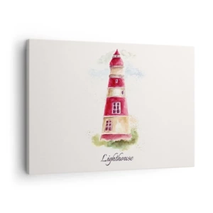 Quadro su tela - Stampe su Tela - Dipinto ad acquerello di un faro su sfondo chiaro con un'iscrizione - 70x50cm - Attorno è sempre bel tempo - Decorazione murale moderna per soggiorno e camera da letto ARTTOR