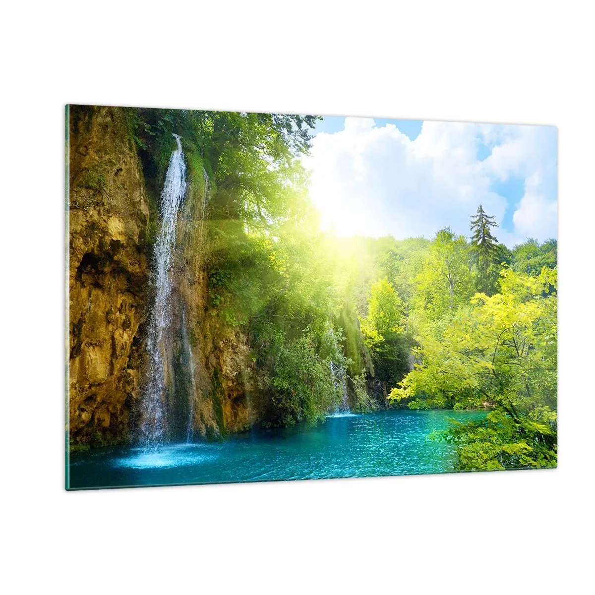 Quadro su vetro - Una cascata che sfocia in un lago blu circondato dal verde - 120x80cm - Così deve essere il paradiso - Decorazione murale moderna per soggiorno e camera da letto ARTTOR