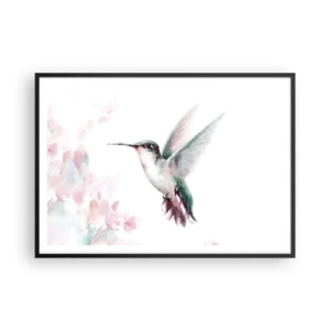 Poster in cornice nera - Un colibrì dai delicati colori pastello su uno sfondo di fiori - 100x70cm - Battito immobile - Decorazione murale moderna per soggiorno e camera da letto ARTTOR