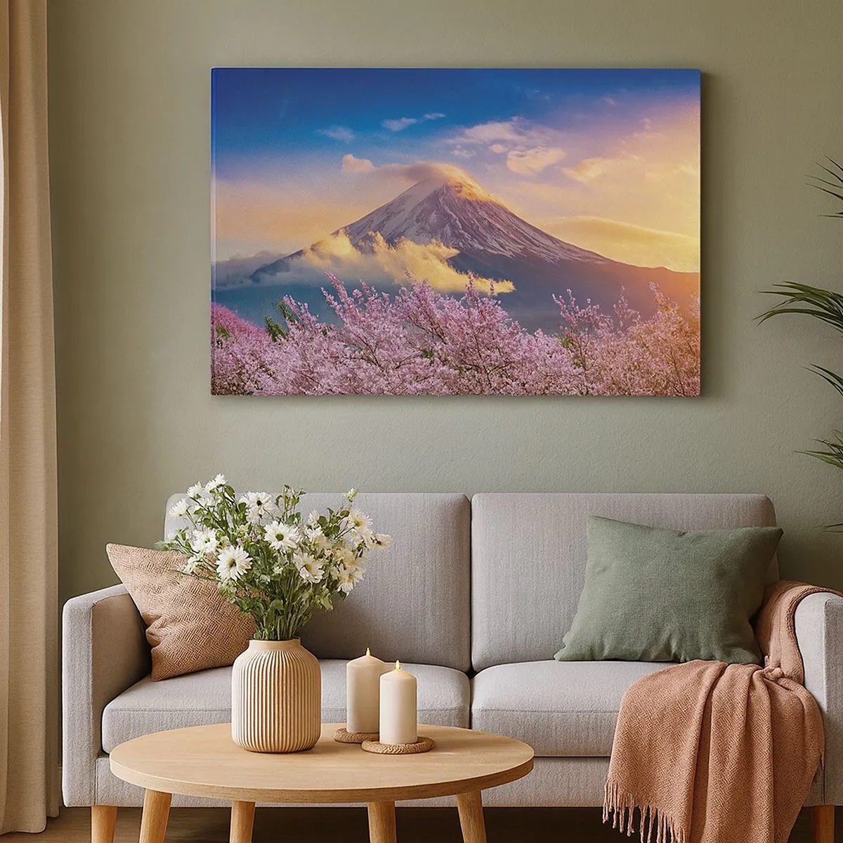 Quadro su tela - Stampe su Tela - Il monte Fuji con i fiori di ciliegio sullo sfondo al tramonto - 70x50cm - Sacralità giapponese - Decorazione murale moderna per soggiorno e camera da letto ARTTOR