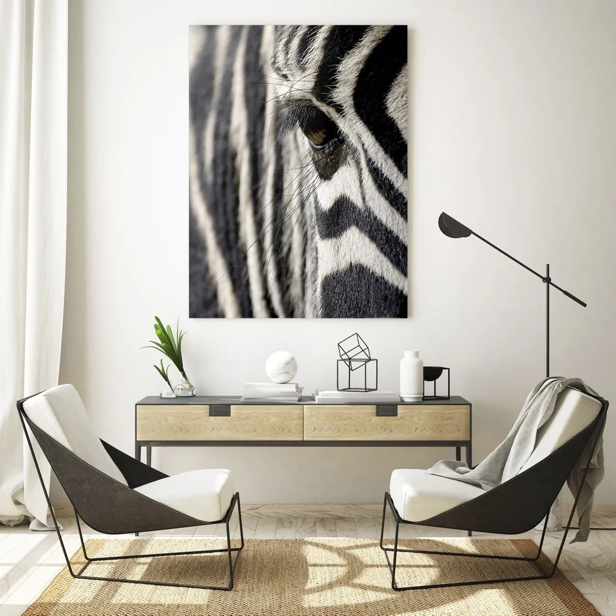 Quadro su vetro - Primo piano dell'occhio di una zebra e delle sue strisce bianche e nere - 50x70cm - Ritratto a strisce - Decorazione murale moderna per soggiorno e camera da letto ARTTOR