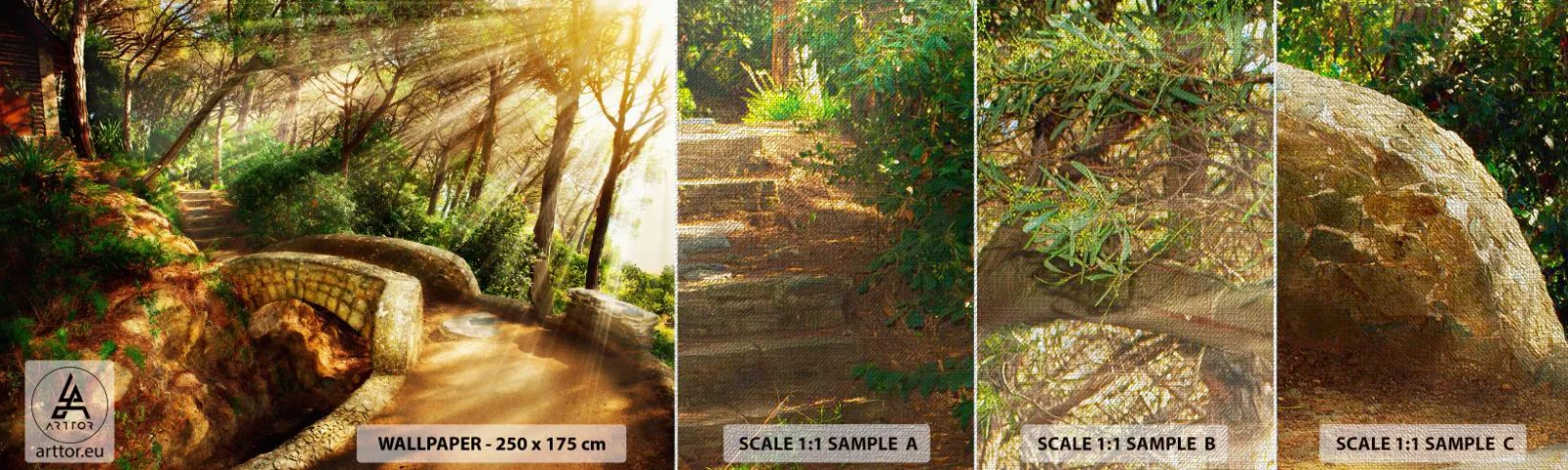 Campione di Fotomurale Premium Canvas - Dal ponte direttamente nel bosco delle fiabe - Paesaggi, Scale di pietra, Raggi del sole - 100x30 cm