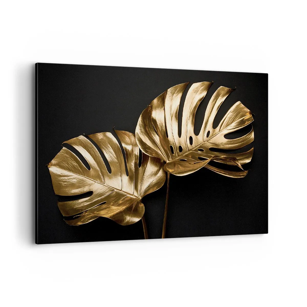 Quadro su tela - Stampe su Tela - Foglie di monstera dorate su sfondo nero - 100x70cm - I tesori della natura - Decorazione murale moderna per soggiorno e camera da letto ARTTOR