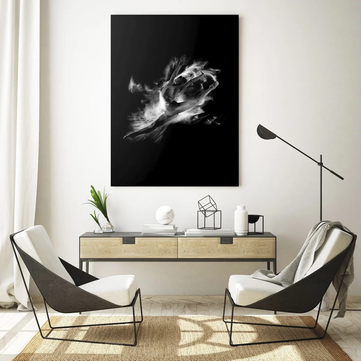Quadro su vetro - Silhouette in bianco e nero di una ballerina in movimento dinamico - 50x70cm - Fermo in volo - Decorazione murale moderna per soggiorno e camera da letto ARTTOR