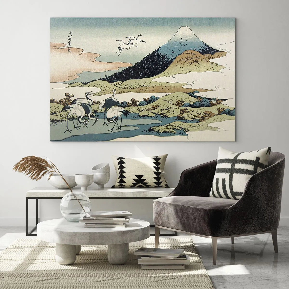 Quadro su vetro - Dipinto di uccelli in un paesaggio giapponese con vista sul Monte Fuji. - 70x50cm - Nello spirito giapponese - Decorazione murale moderna per soggiorno e camera da letto ARTTOR